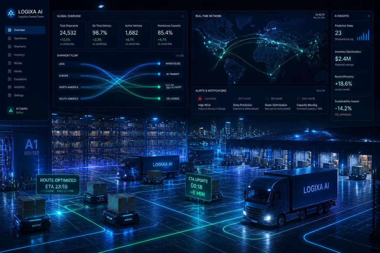 Panel sterowania logistyką AI z mapą tras i magazynem automatycznym
